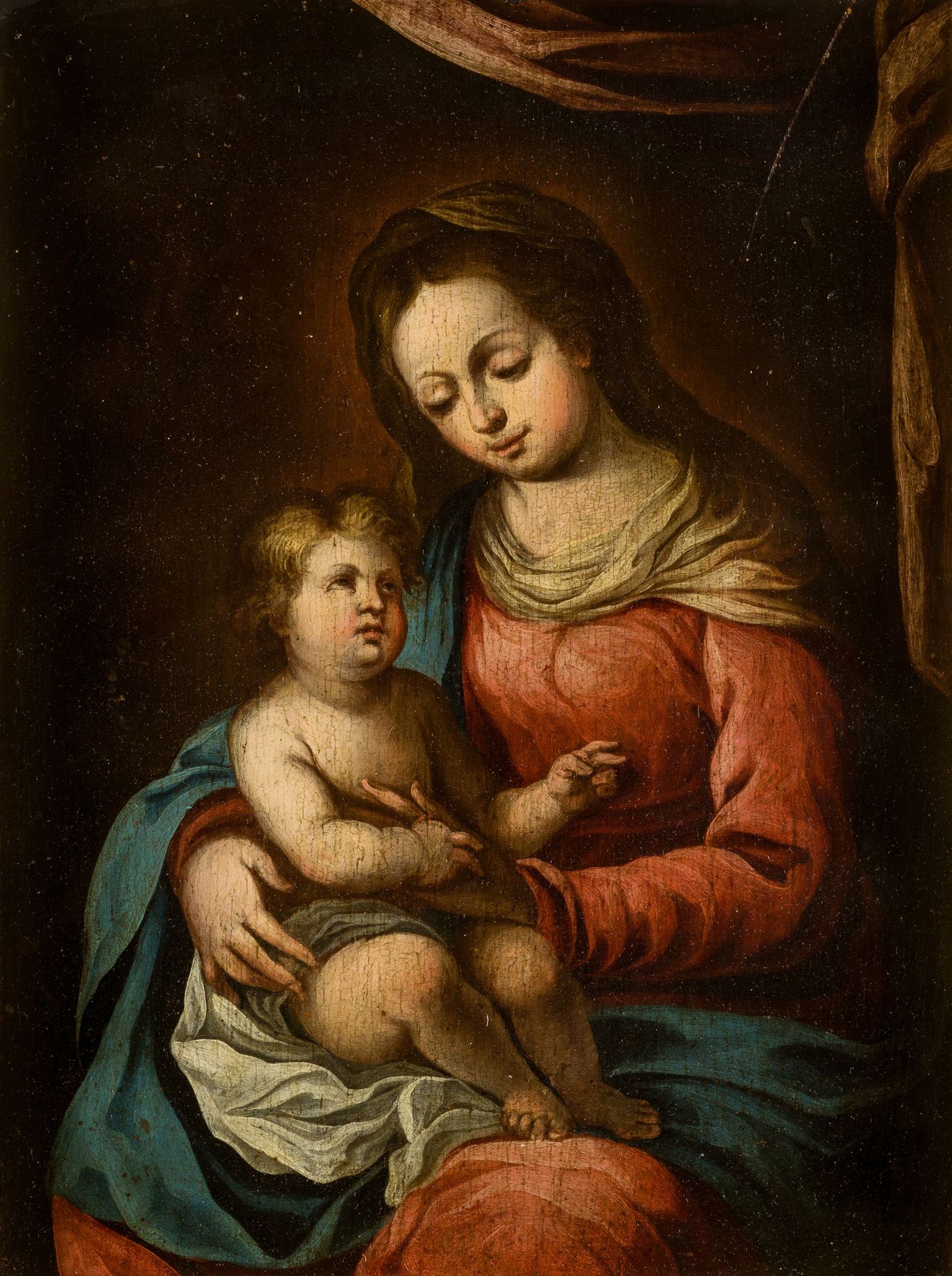 SPANISH SCHOOL (C.17th / .) "Virgin with The Child" 它与20世纪的雕刻和镀金的木头的玉米花一起呈现。 油画在&hellip;