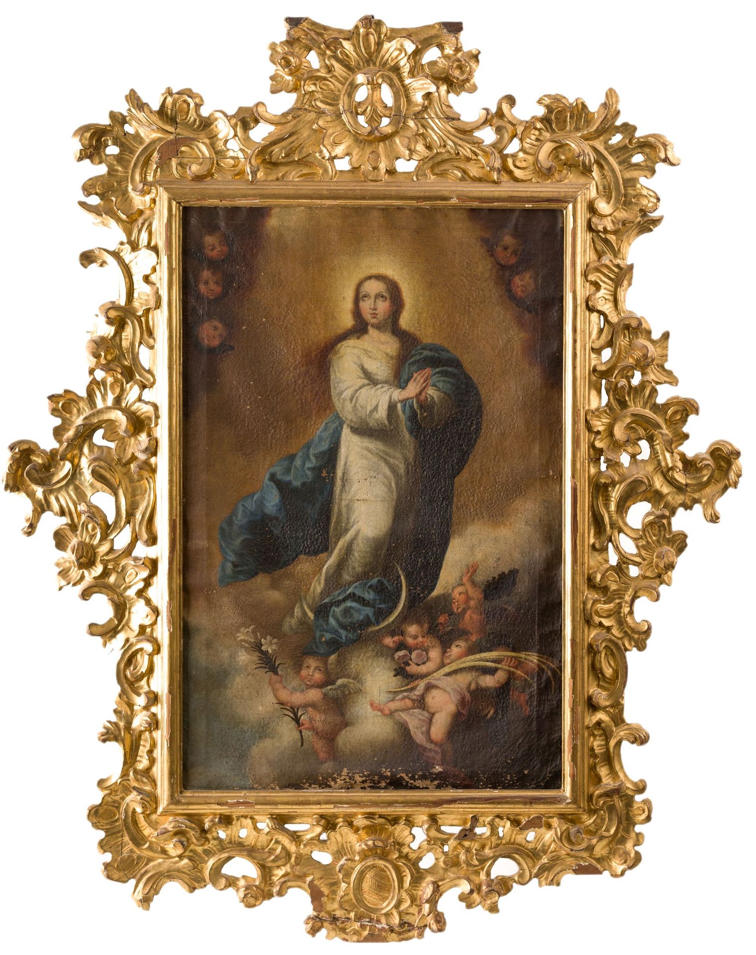 SPANISH SCHOOL (C. 17th / C. 18th) "Immaculate Conception" 需要修复。它被放在一个18世纪的雕刻和镀金&hellip;