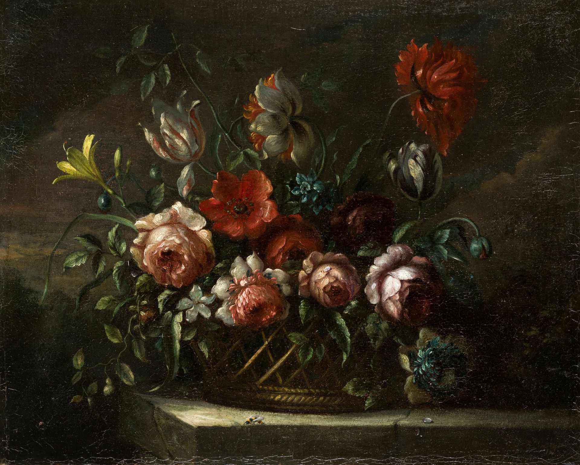 SPANISH SCHOOL (C. 18th / .) "Basket with flowers" 遵循阿雷拉诺模型的作品 布面油画。47 x 58 cm