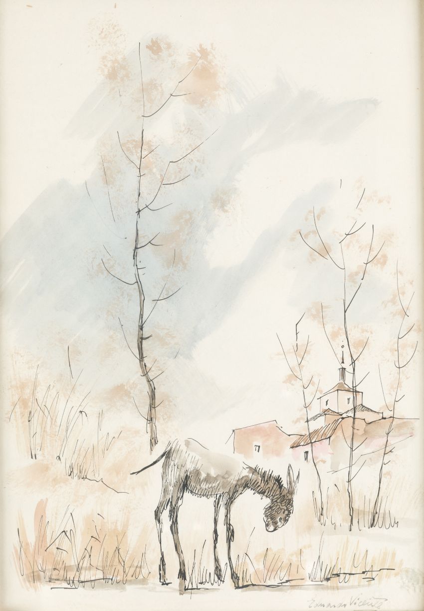 EDUARDO VICENTE (1900 / 1968) "Landscape with donkey" 右下角有签名 纸上水彩和墨水 34,5 x 25 c&hellip;