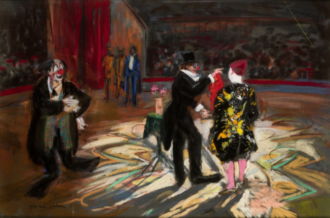 EMILIO GRAU SALA (1911 / 1975) "The circus" 左下角有签名 天鹅绒画布上的粉笔画 54 x 81 cm