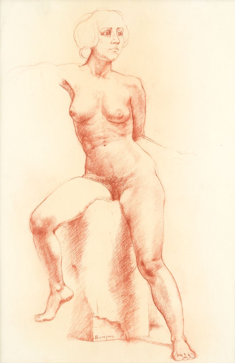 ANDRÉS BARAJAS (1941 / 2006) "Female nude" 底部签有 "Sanguine "字样，纸质。47,5 x 32,5 cm