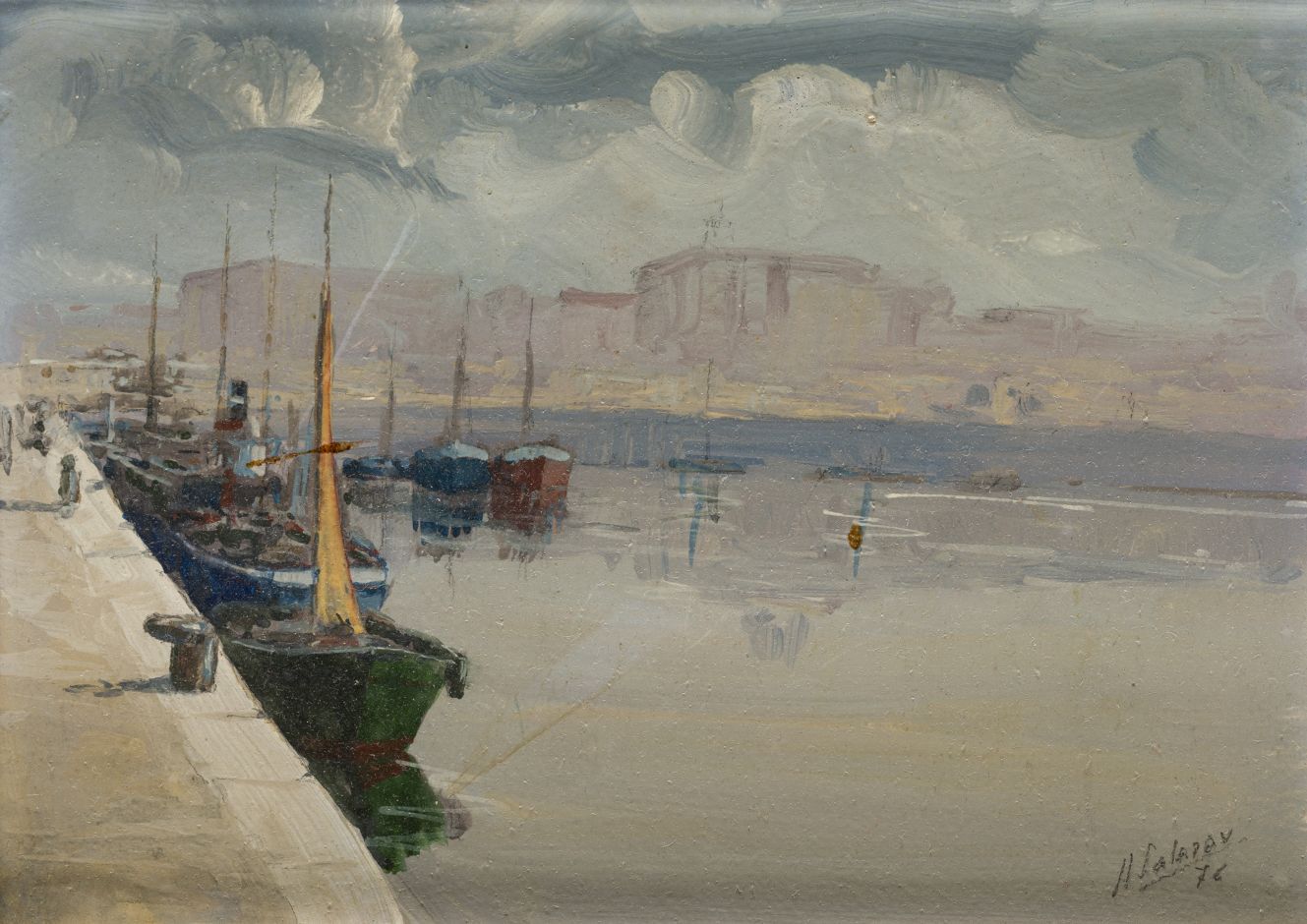 ALFREDO SALAZAR (1936 / .) "Port", 1976 左下角有签名和日期 桌子上的油画16,5 x 22,5 cm