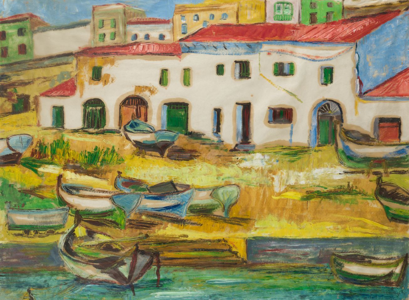 SPANISH SCHOOL (C.20th / .) "Port with fishermen" 1951 Signed P. España and date&hellip;