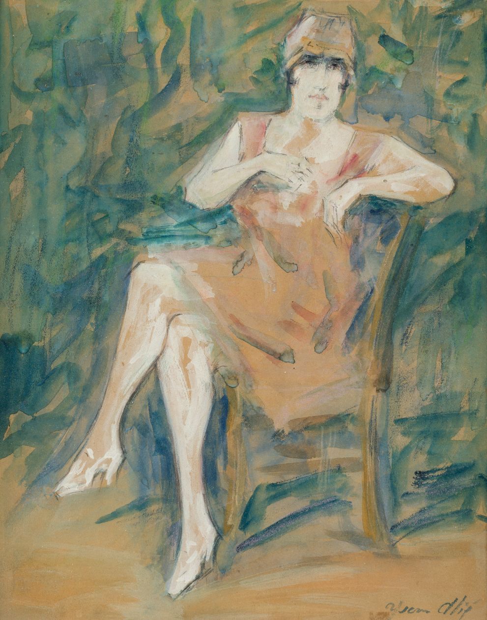 PEDRO ISERN ALIE (1876 / 1946) "Young woman seated" 右下角有签名 纸上水彩、水粉和石墨 28 x 22 cm