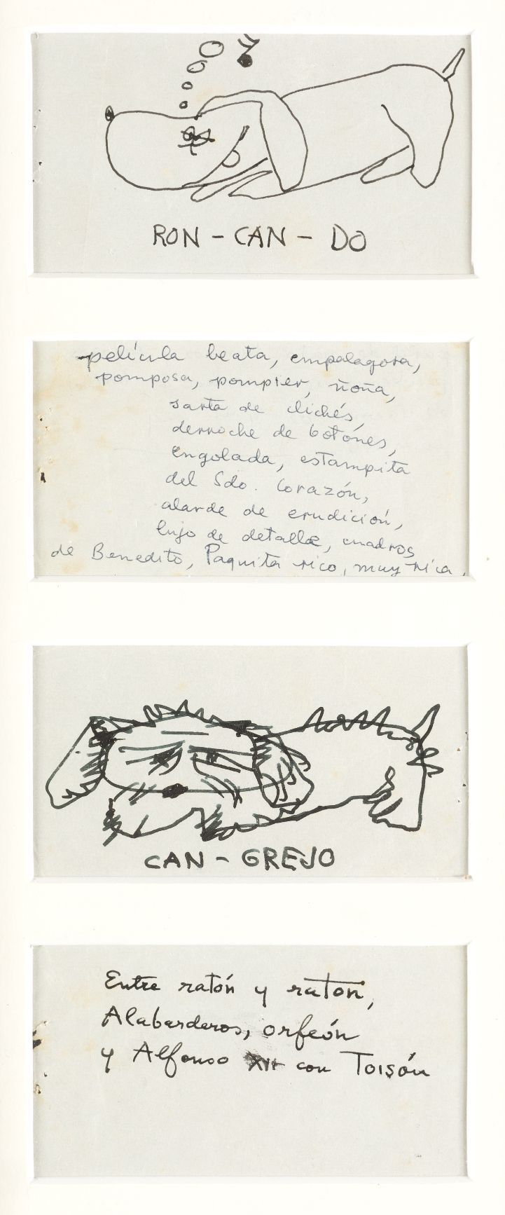 FERNANDO ZÓBEL DE AYALA (1924 / 1984) "Animals and texts" 四幅有标题的漫画和两个文本。分别装在两个画框&hellip;