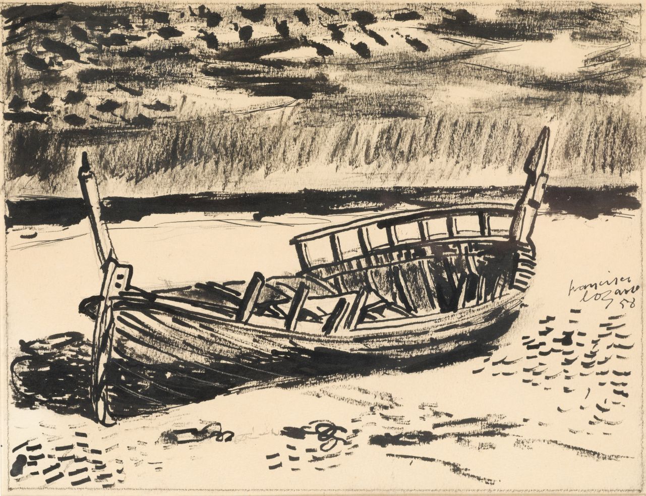 FRANCISCO LOZANO SANCHÍS (1912 / 2000) Beached boat, 1958 右侧有签名和日期 纸上墨水和木炭 20 x &hellip;