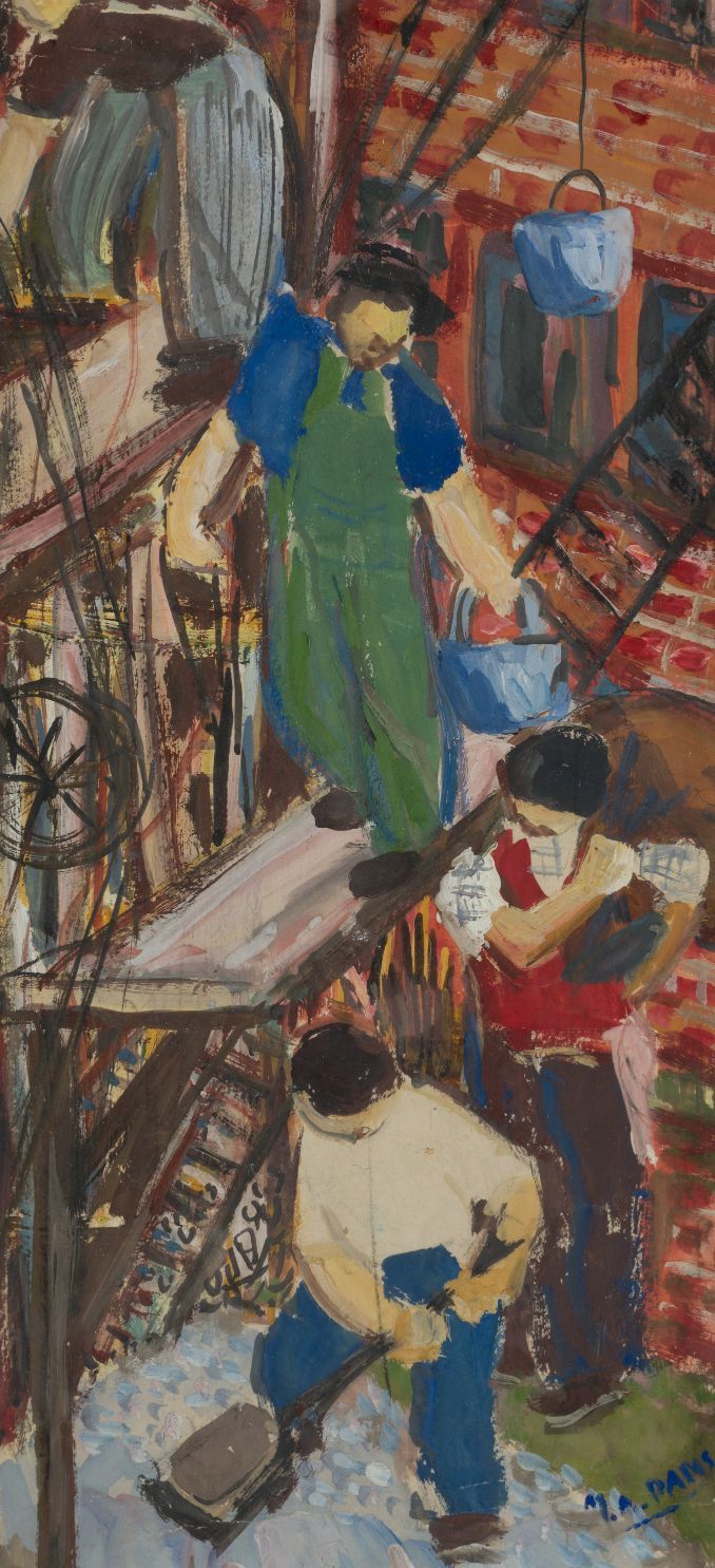 MARIA ANTONIA DANS (1924 / 1988) "Workers" 纸上水粉画 35,5 x 16,5 cm