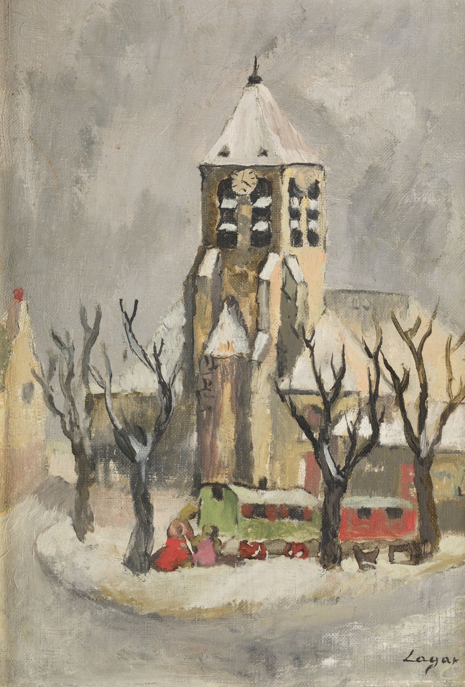 CELSO LAGAR (1891 / 1966) "Rouloutes in front of the church" 右下角有签名 布面油画板。32,5 x&hellip;