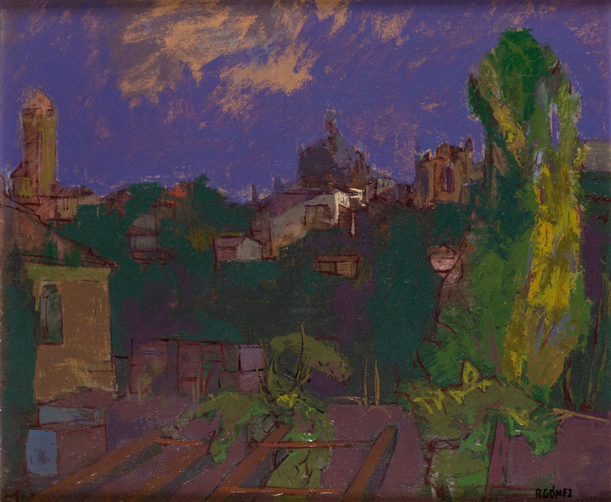 RAFAEL GOMEZ (C.20th / .) "Landscape" 右下角有签名。背面有献词 板上油画。45 x 53 cm