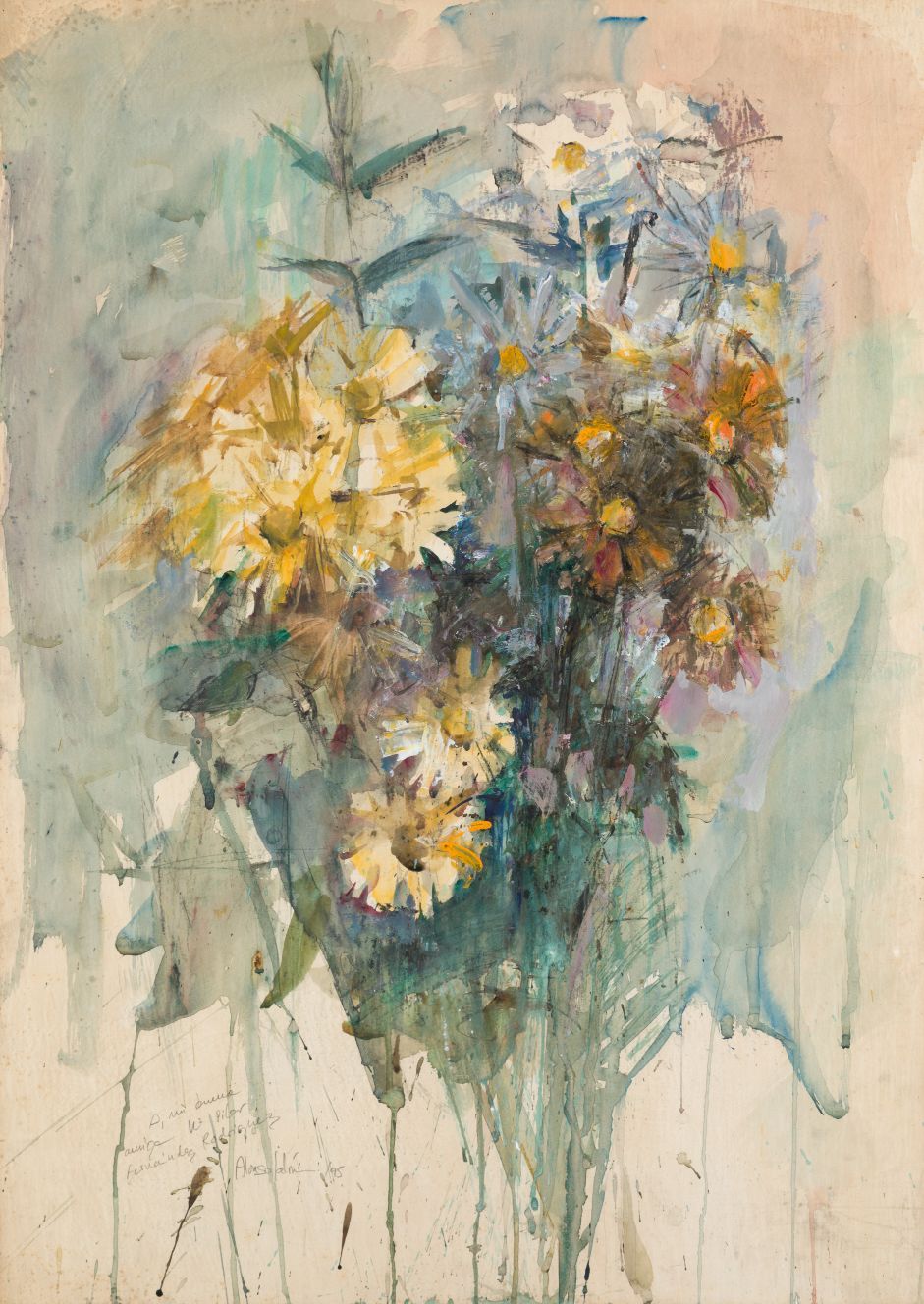 JOSÉ MARÍA ALONSO JALÓN (1951 / .) "Flowers" 左下角有铅笔签名的献词和签名 纸上混合媒体。68 x 48 cm