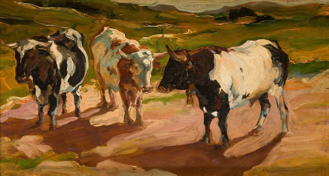 SPANISH SCHOOL (C.20th / .) "Oxen in the field" Olio su pannello. 13,5 x 24 cm.