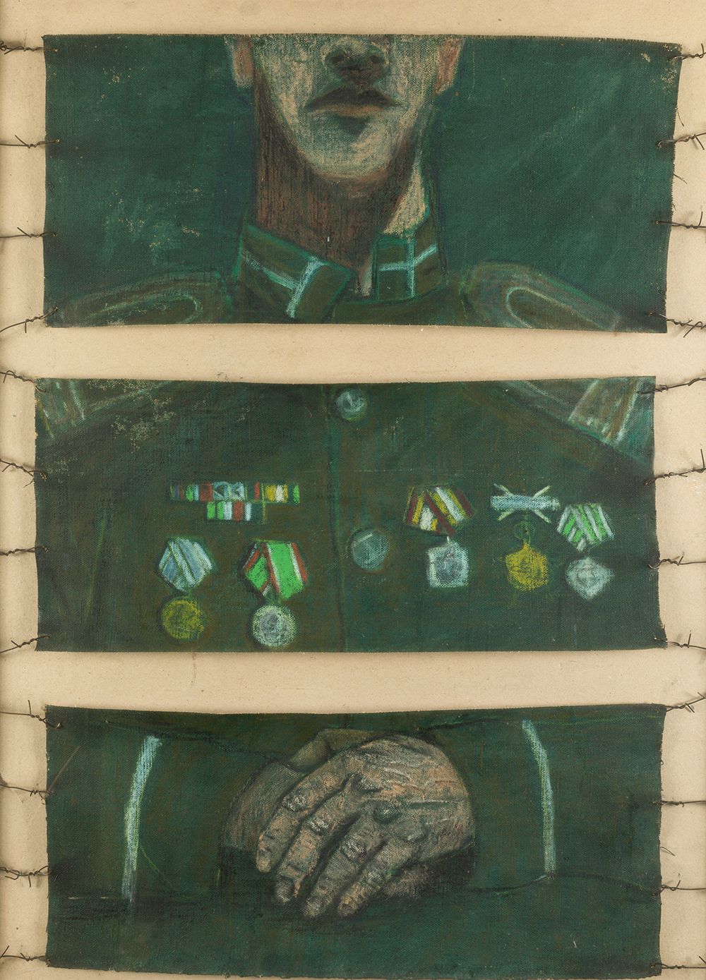 ESCUELA CUBANA (20th century) "Military" .88 x 68厘米。布面油画 担架和钢丝