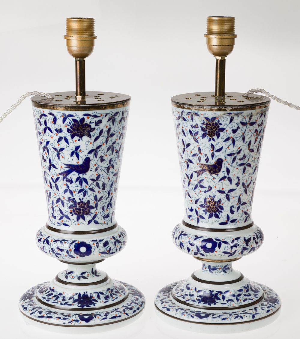 Pair of opaline vases mounted as lamps Pair of enameled opaline lamps partially &hellip;