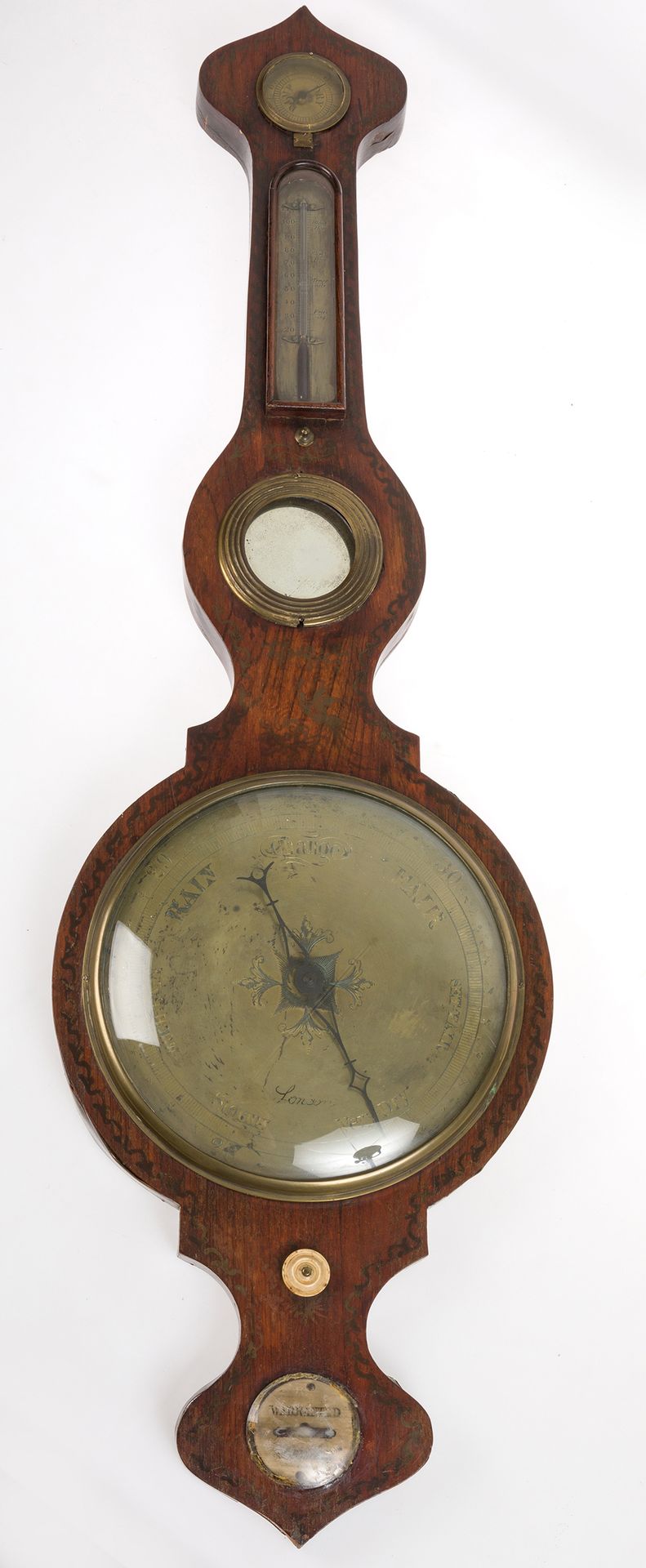 English barometer 英国晴雨表，19-20世纪，桃花心木清漆和镀银金属，110 x 29厘米。110 x 29厘米。