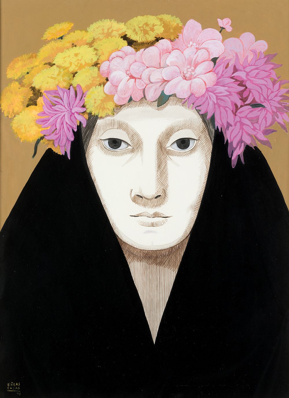 MANUEL DE LAS CASAS (1924 / .) "Woman with flower headdress" 1991 左下角有签名和日期。50 x&hellip;