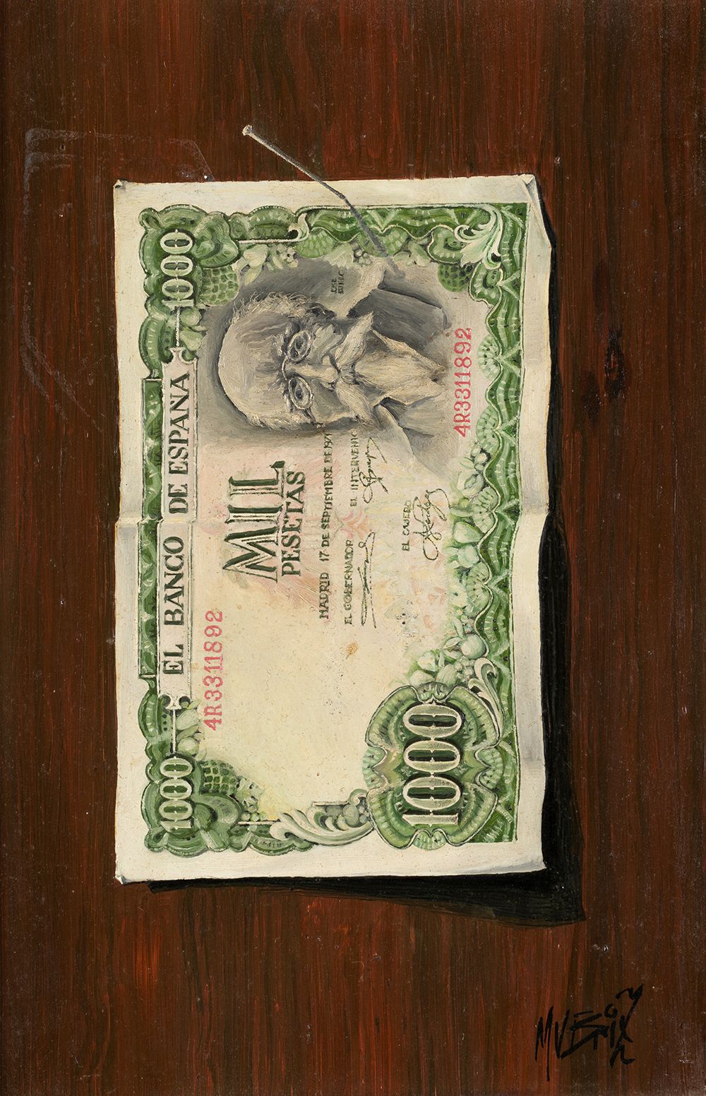 ANONYMOUS (20th century) "Thousand peseta banknote" 右下角有难以辨认的签名，26 x 18 厘米。桌子上的油