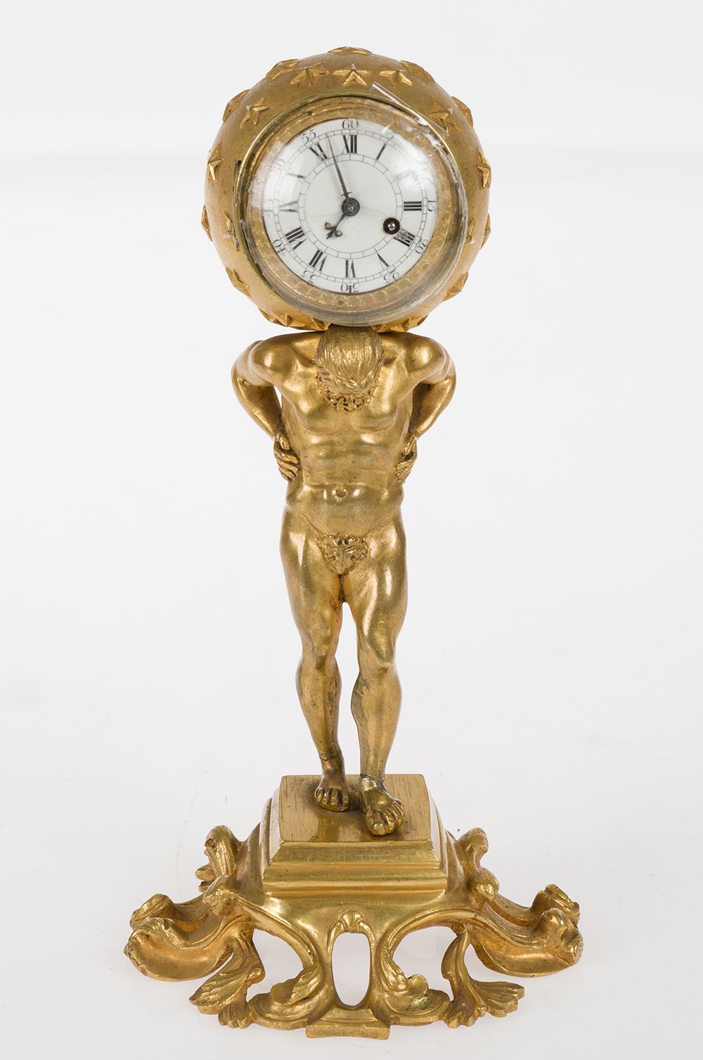 Table clock depicting Atlas France late19th c. Tischuhr aus vergoldeter Bronze m&hellip;