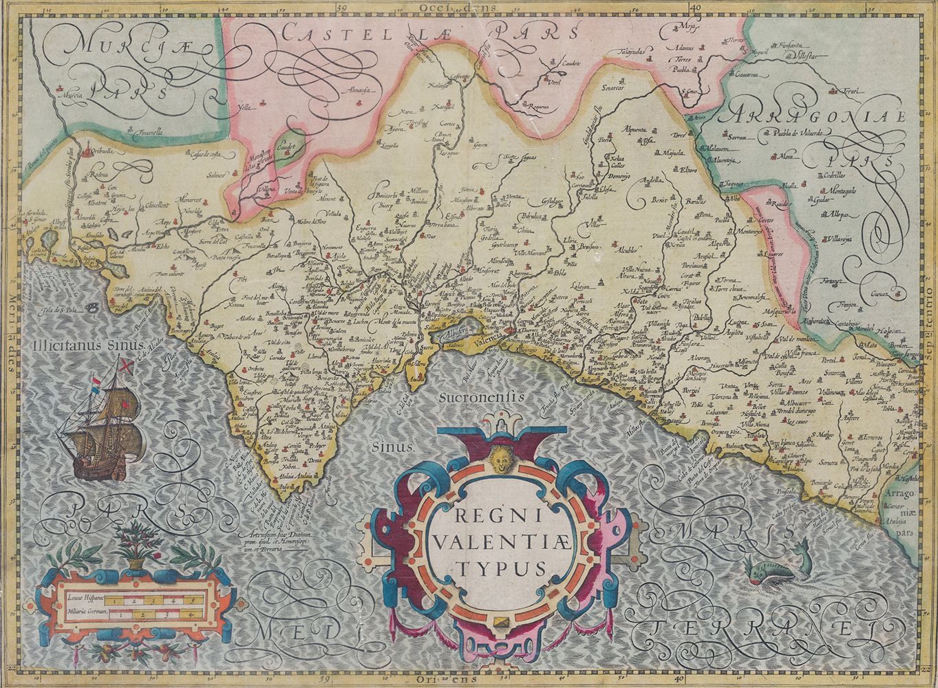JODOCUS HONDIUS (1563 / 1612) "Map of Valencia" Incisione illuminata a mano. Sul&hellip;