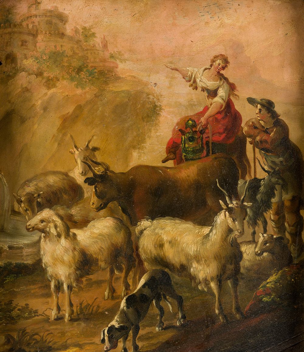 FOLLOWER OF NICOLAS BERGHEM (18th century) "Pastoral Scene" . 42,5 x 37 cm. Oil &hellip;