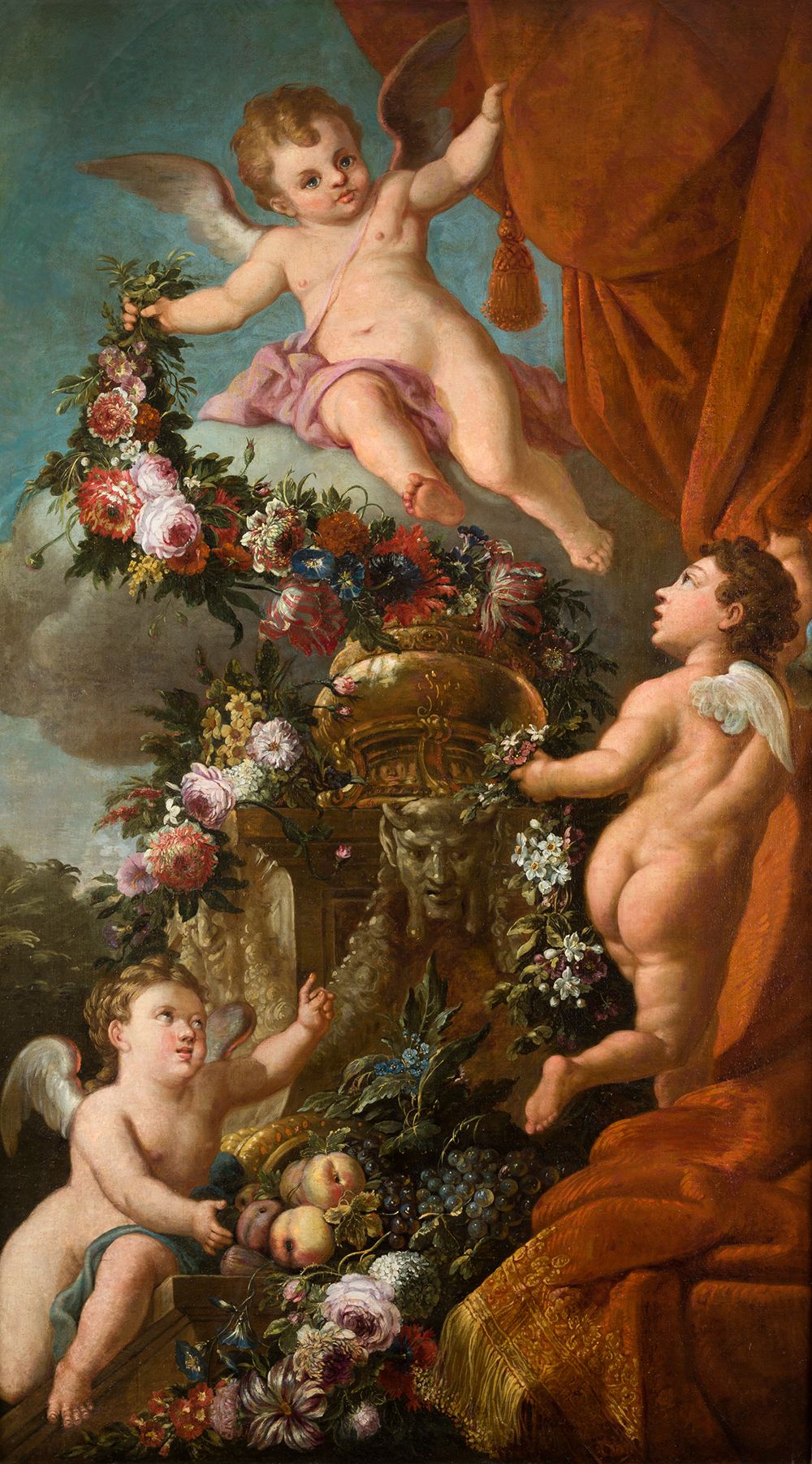 ITALIAN SCHOOL (18th century) "Pedestal with floral wreath and blossoms" Present&hellip;