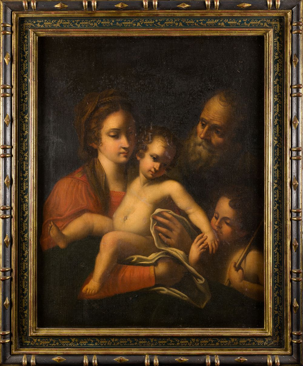 ITALIAN SCHOOL (17th century) "Holy Family with Saint John" Avec un important ca&hellip;