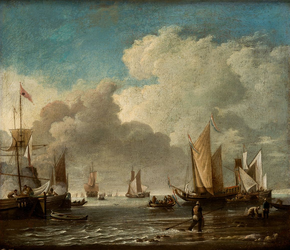 ABRAHAM STORCK (1635 / 1710) "Marina with boats and fishermen" Con iscrizione su&hellip;