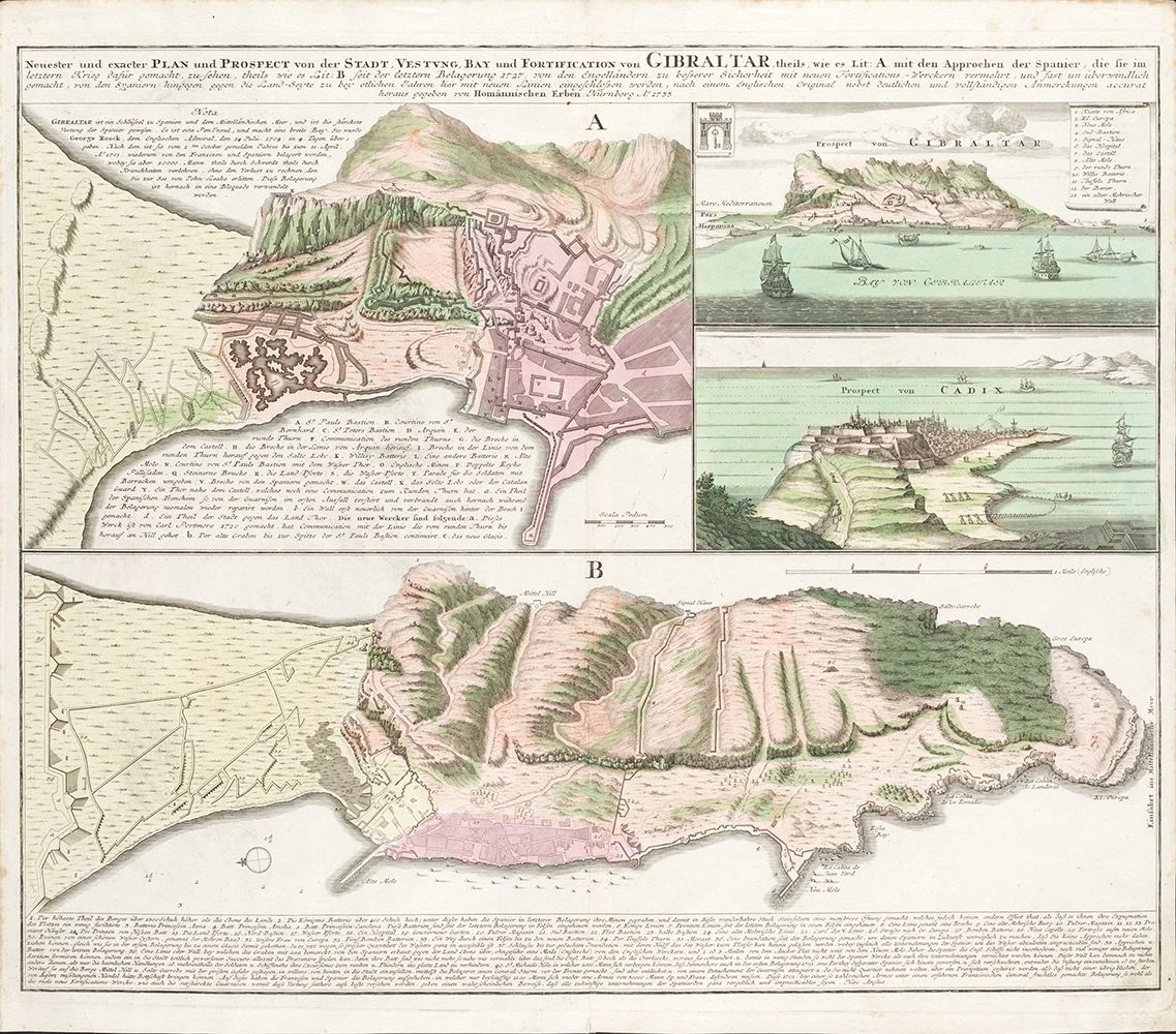 HOMANN ERBEN (1724 / 1748) "Gibraltar and Cadiz. Views and Plans". Copperplate e&hellip;
