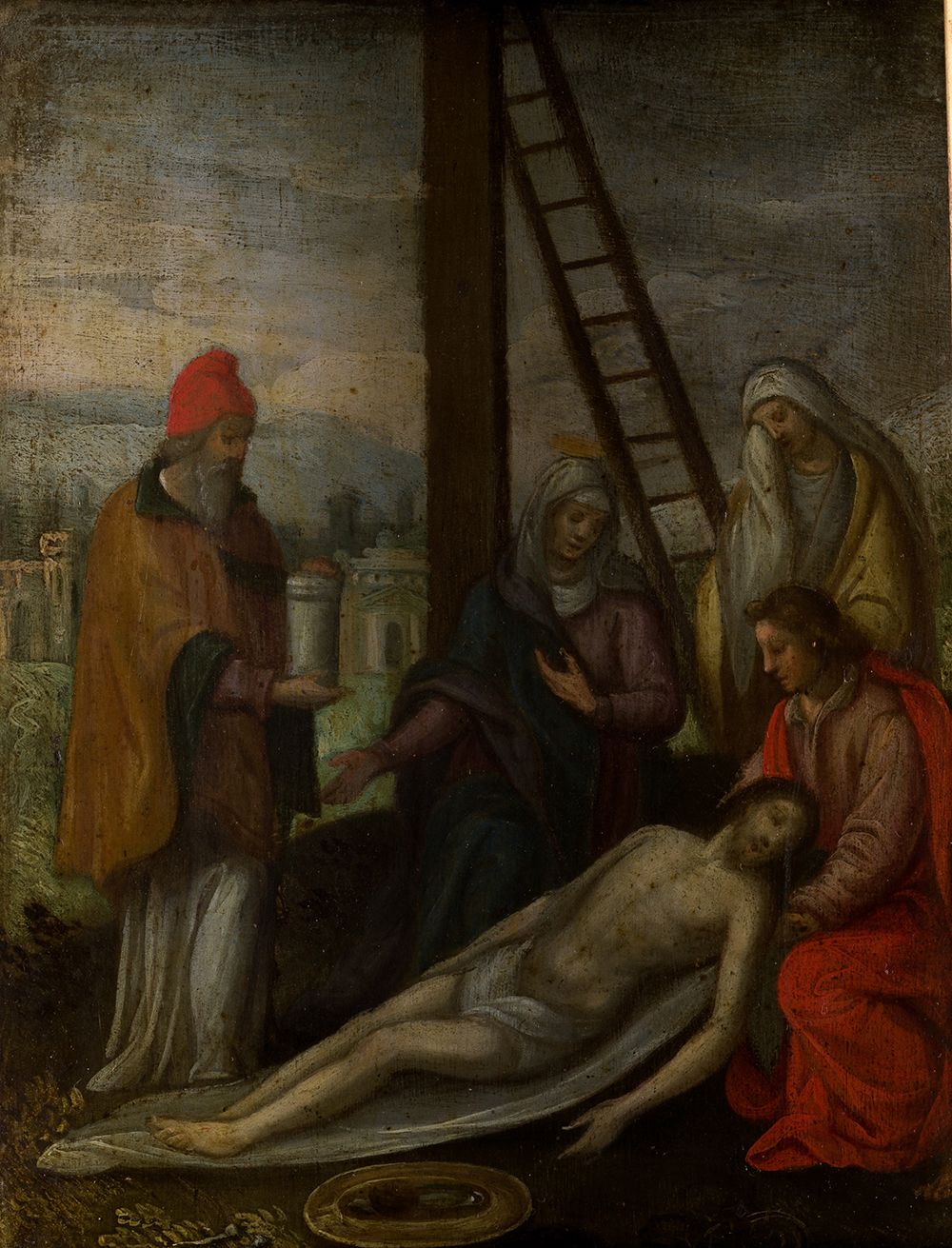 FLAMISH SCHOOL (17th century) "Lamentation before the body of Christ" 铜支架的背面有两个冲&hellip;