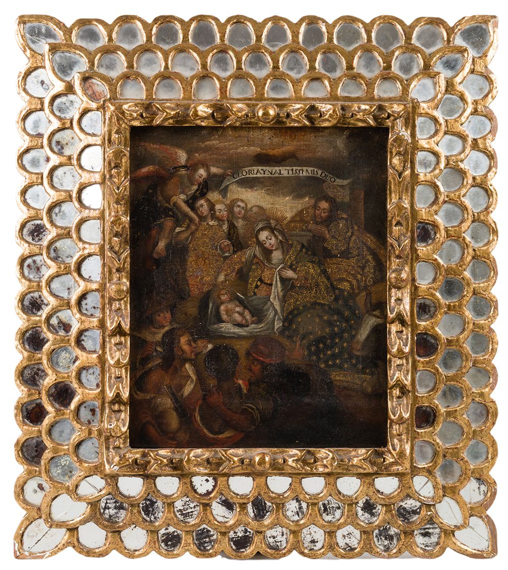 ESCUELA CUZQUEÑA (18th century) "Shepherds' Worship" .31 x 25厘米。布面油画