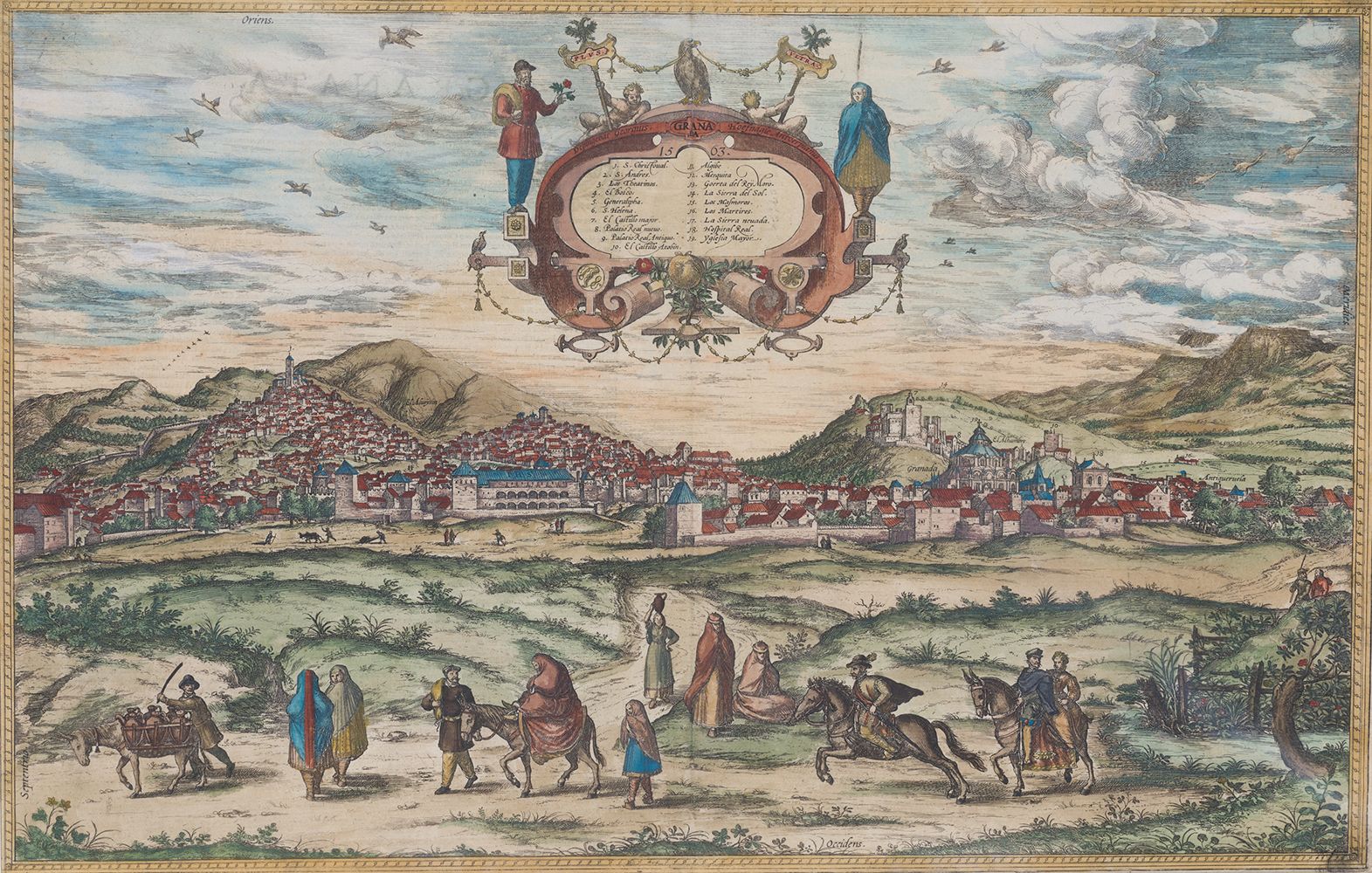 GEORGIUS HOEFNAGEL (1542 / 1600) "View of Granada" 签名并在顶部的卷轴上标明标题。脚印：32 x 50厘米。手&hellip;