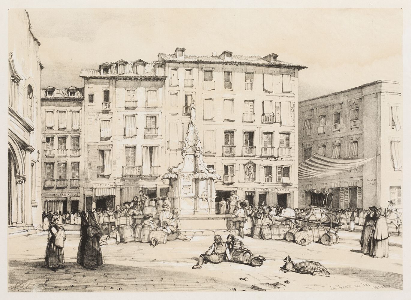 JOHN FREDERICK LEWIS (1804 / 1876) "La Puerta del Sol, Madrid" Veduta, disegnata&hellip;
