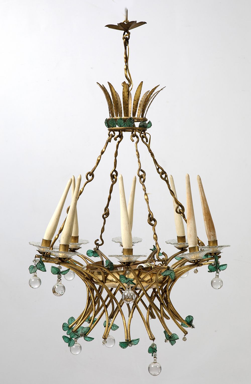 Ceiling lamp in gilded metal and glass beads, Spain, c.1960s Ceiling lamp in gil&hellip;