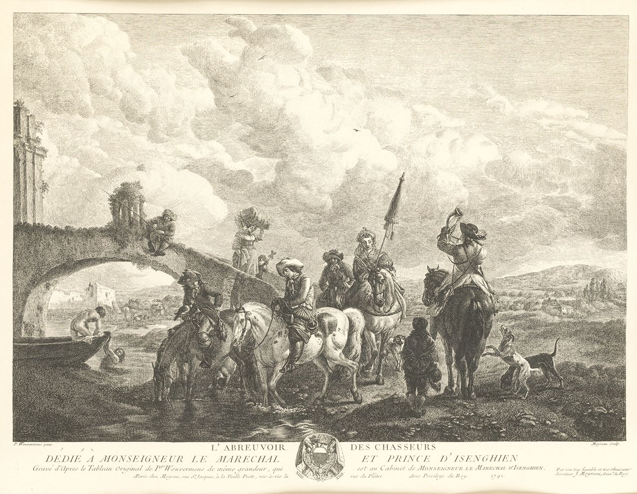 JEAN MOYREAU (1690 / 1762) "L'abreuvoir des chasseurs" Moyreau再现了属于法国元帅的Philips &hellip;