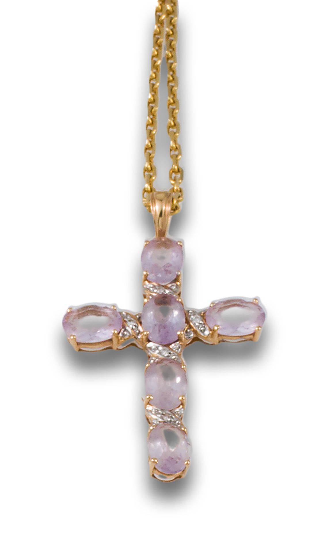 ROSE QUARTZ CROSS, DIAMONDS, YELLOW GOLD 18kt rose gold cross pendant with oval &hellip;