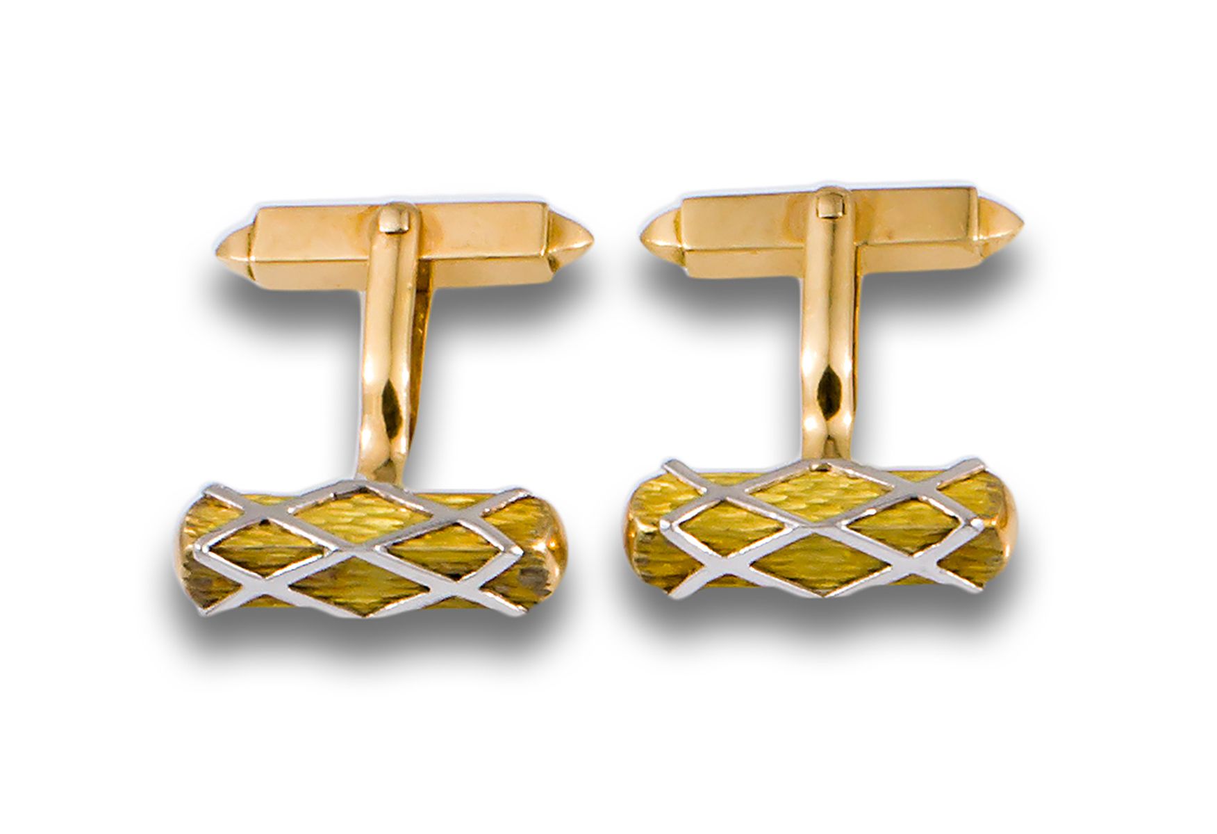 CUFFLINKS CARTRIDGES YELLOW AND WHITE GOLD 18K黄金、粉红和白金袖扣，呈墨盒形状。 重量：14.20克。