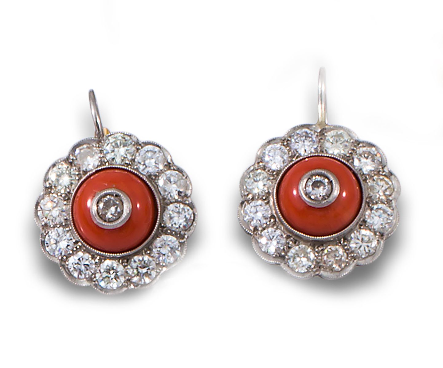 EARRINGS, ANTIQUE STYLE, DIAMOND, CORAL, PLATINUM Dangling earrings, antique sty&hellip;