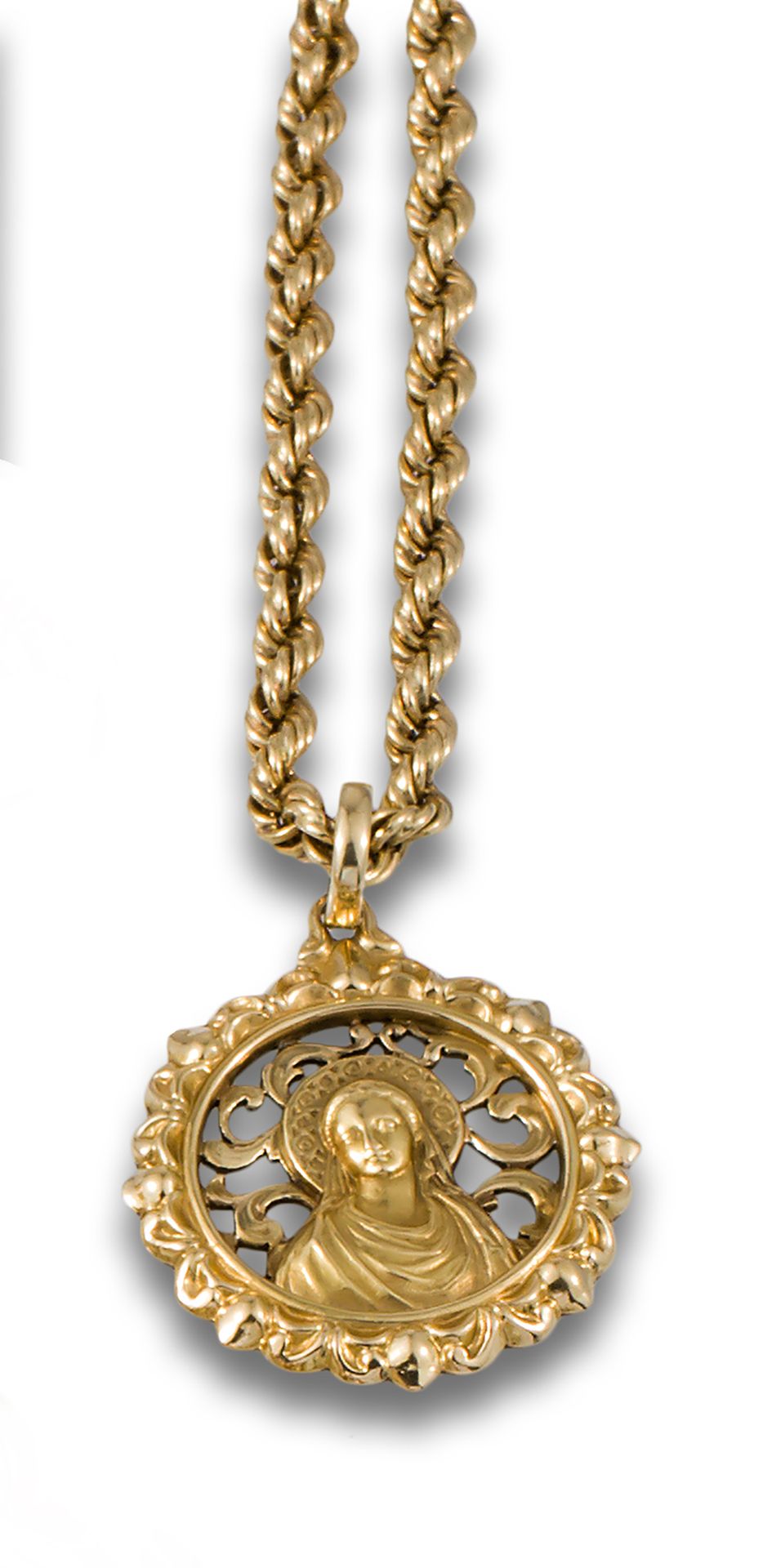 VIRGIN YELLOW GOLD CORD AND MEDAL 镂空的18K黄金圣母奖章。附带一条18K黄金绳索链。 重量：19,80克。