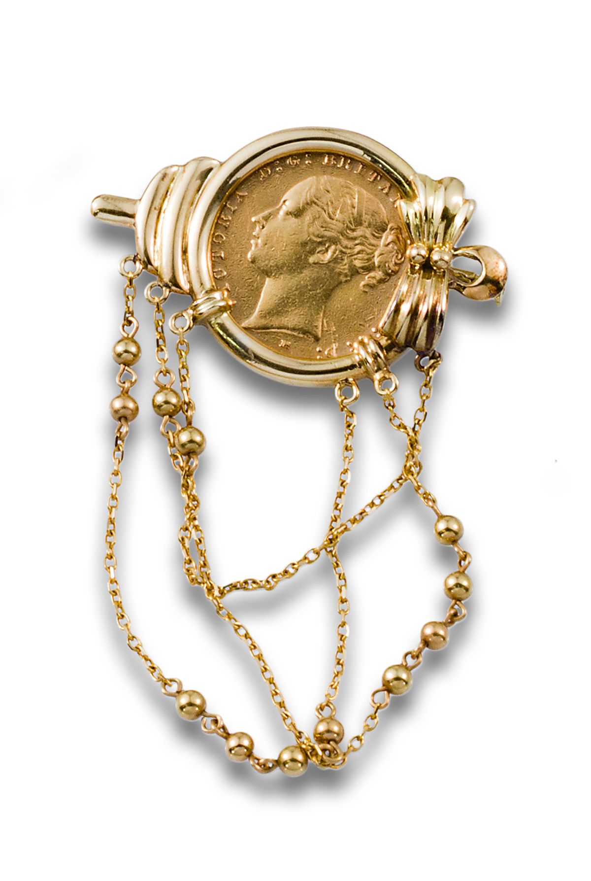 18 kt. Yellow gold brooch-pin consisting of a 1 sovereign coin, Queen Victoria, &hellip;