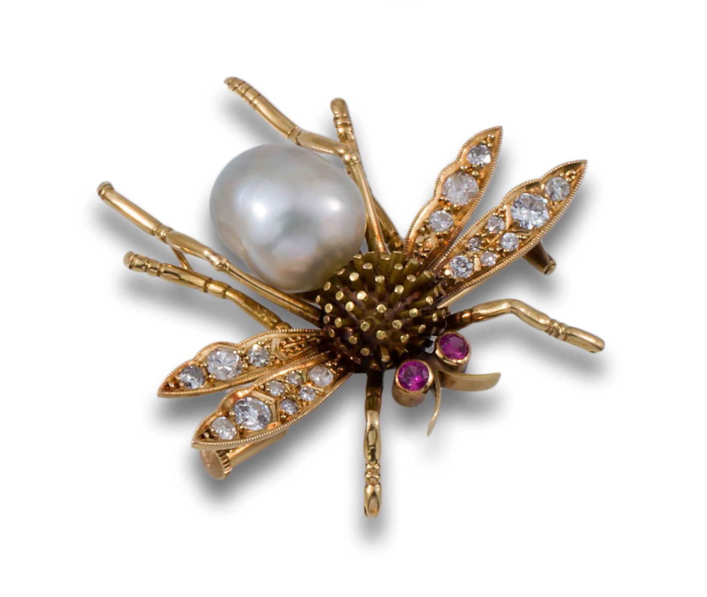 Antique fly brooch in 18kt yellow gold with diamond synthetic rubies and a baroq&hellip;