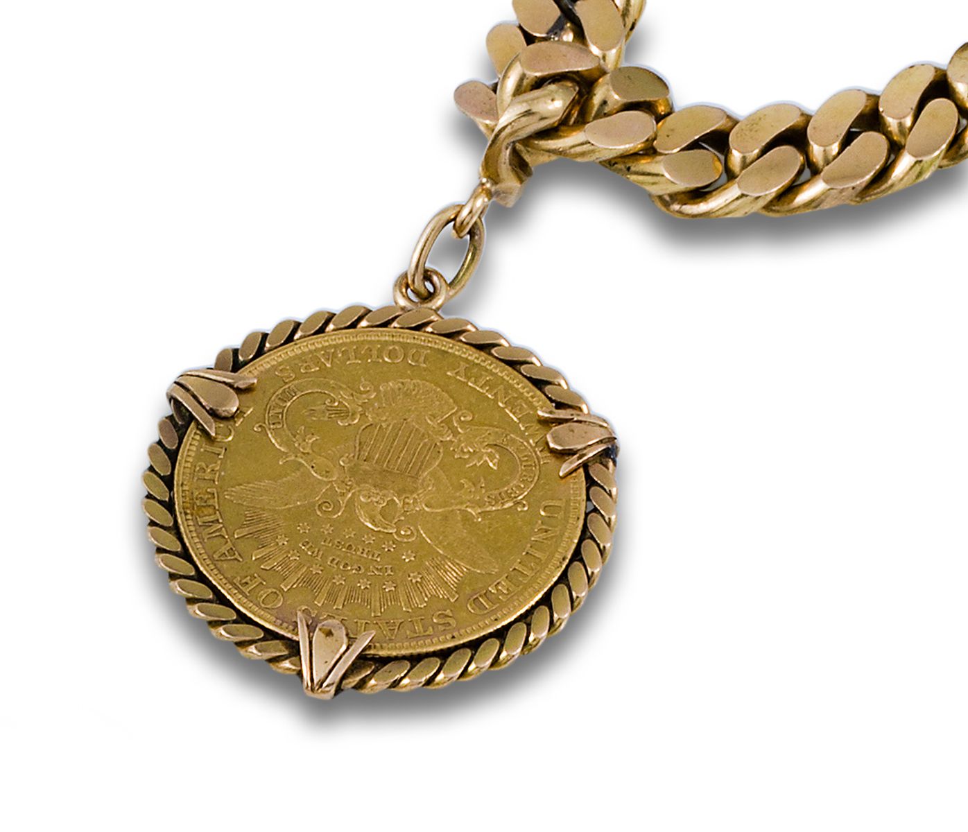 Bracelet, 1950's, 18 kt. Yellow gold braided, with pendant gold coin Bracciale, &hellip;