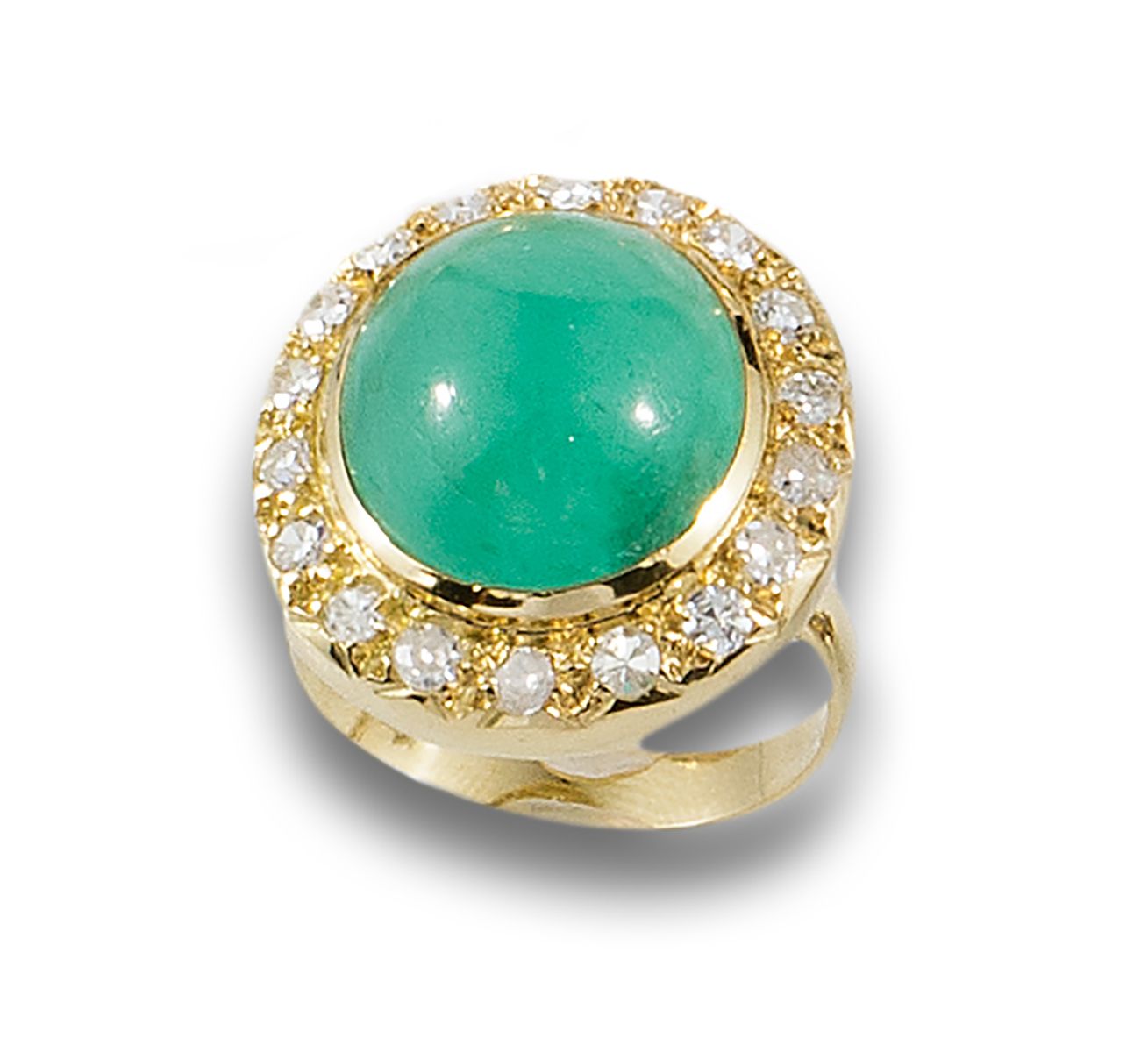 18 kt yellow gold ring. Formed by an oval emerald cabochon and diamond border, c&hellip;