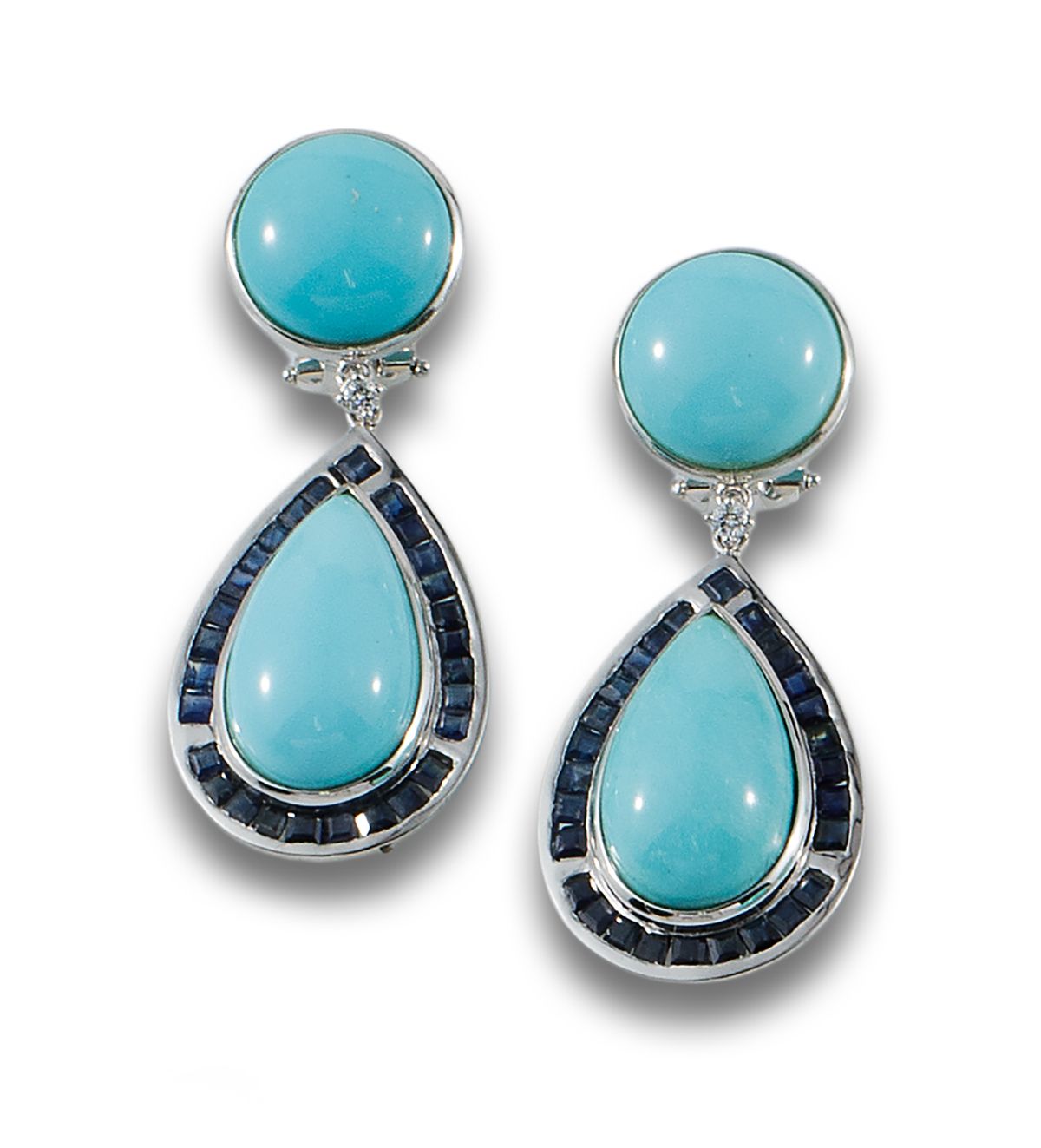 Long 18 kt white gold earrings. Formed by cabochons of turquoise, set in flat, b&hellip;