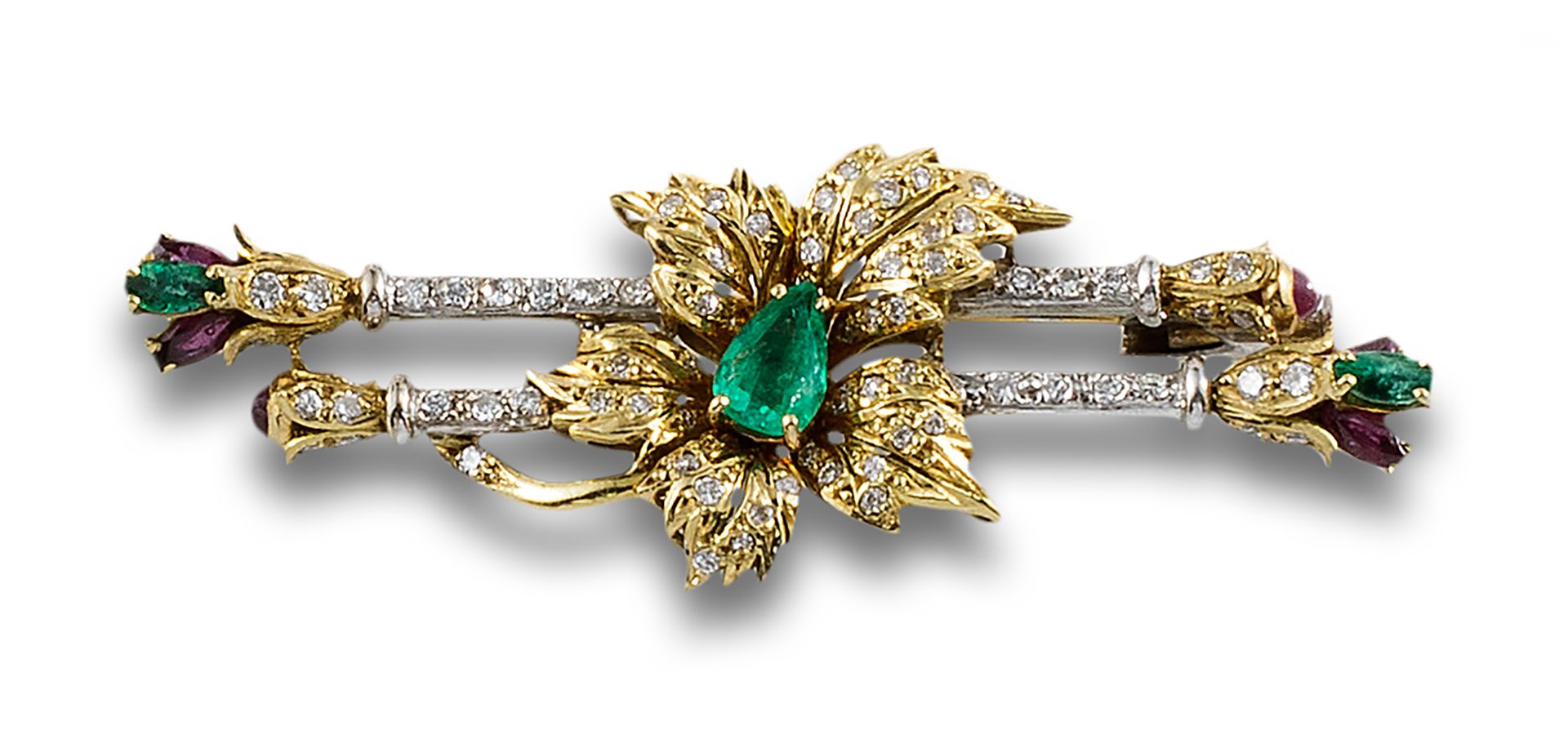 18 kt white and yellow gold flower brooch. Made up of a pear-cut emerald center,&hellip;