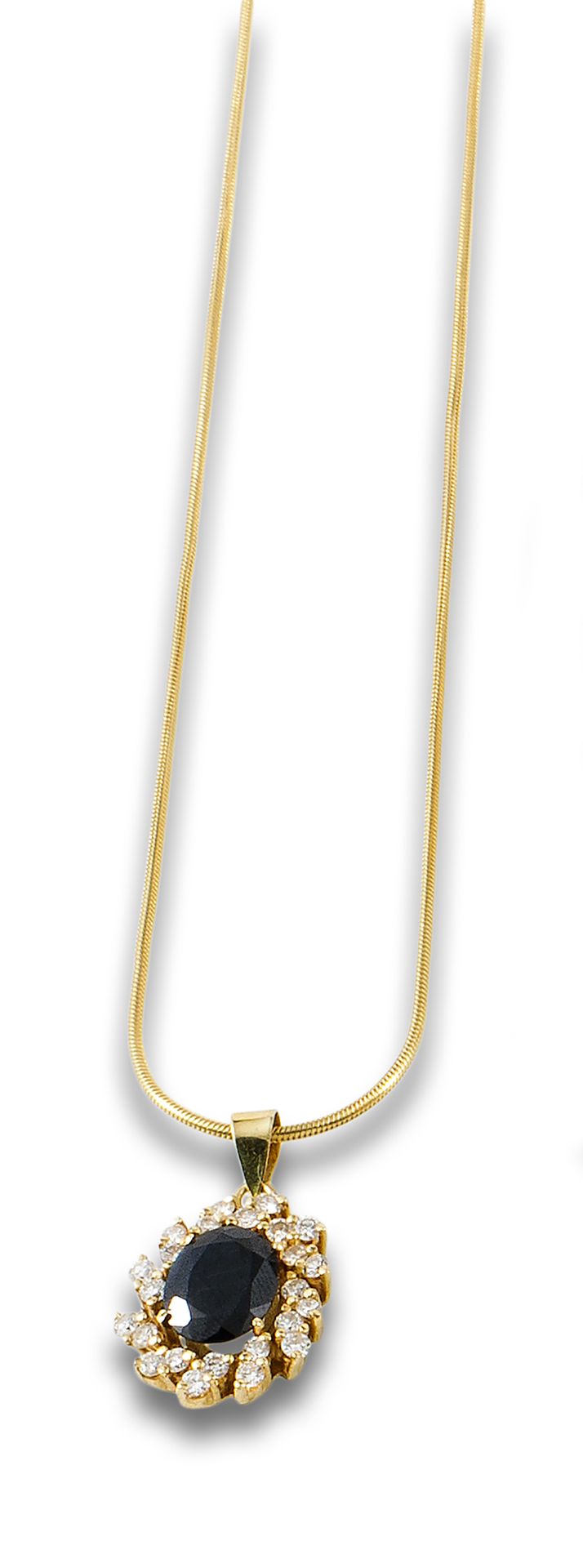 18 kt yellow gold rosette pendant. 由一颗蓝宝石组成，椭圆形切割，估计重量为2克拉，镶嵌在爪子上，螺旋状的钻石边，明亮式切割，&hellip;