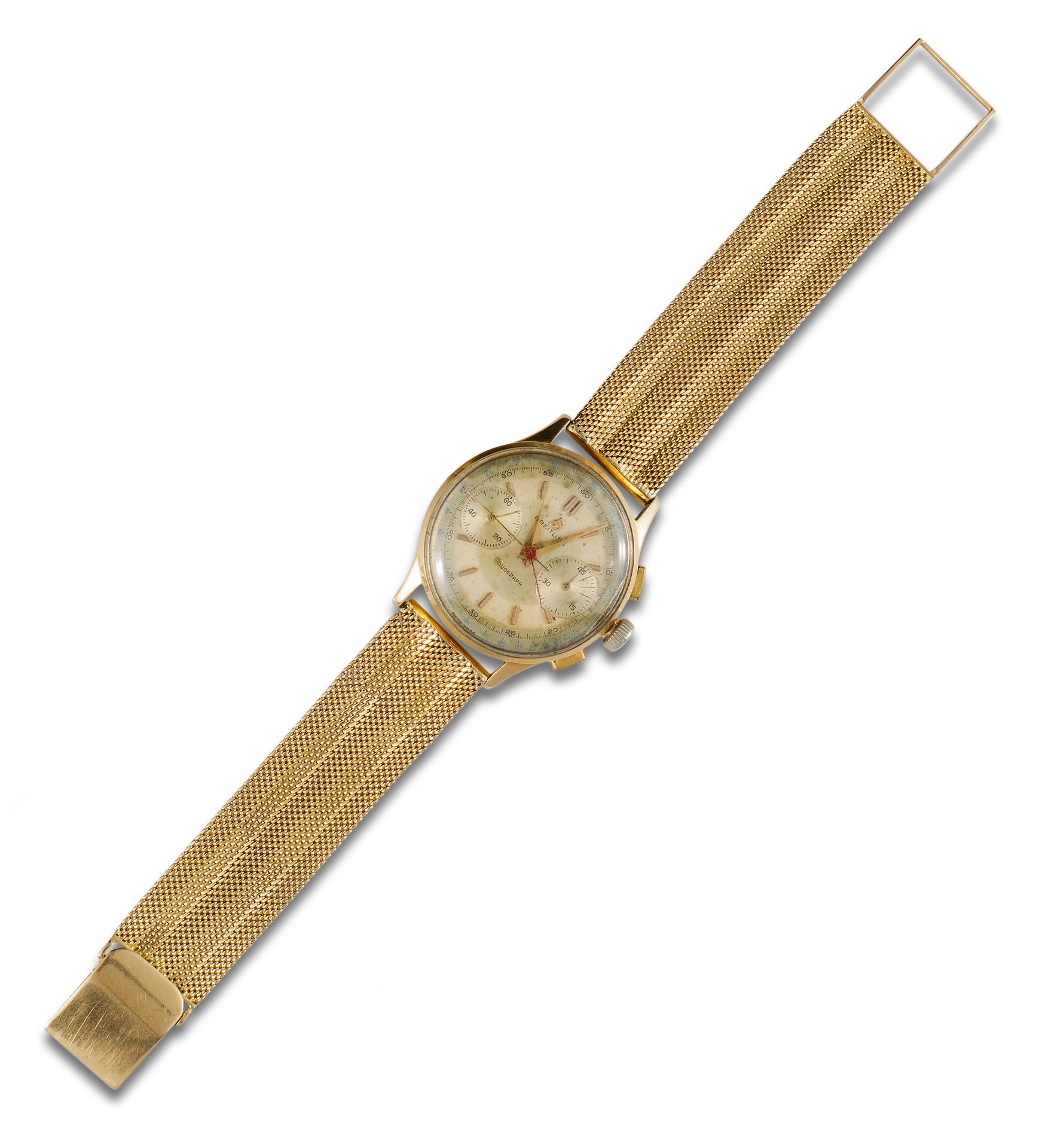 Wristwatch, 1940s, BREITLING DUOGRAPH. 手动机械机芯。18K黄金网状手镯和表壳。编号820293 762。直径：36毫米。&hellip;