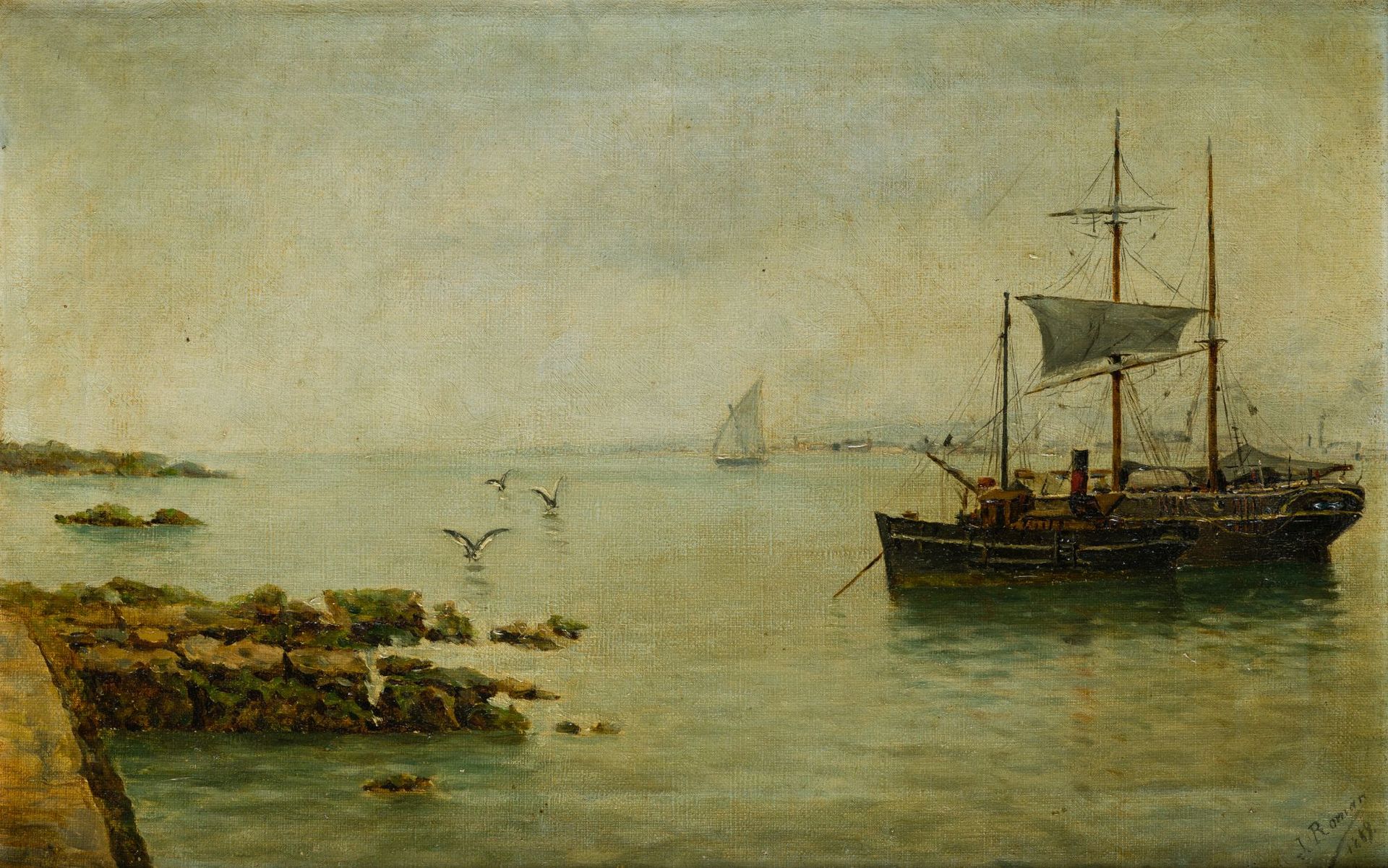SPANISH SCHOOL (19th century) "Ships in the port bay", 1889 Huile sur toile Sign&hellip;