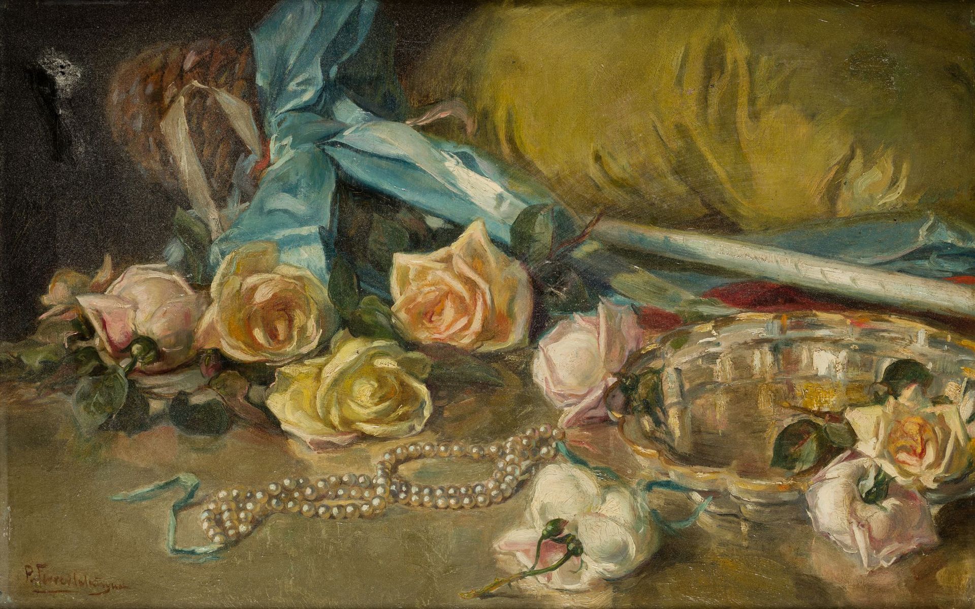 PEDRO FERRER CALATAYUD Valencia (1860) / (1944) "Still life with roses and pearl&hellip;
