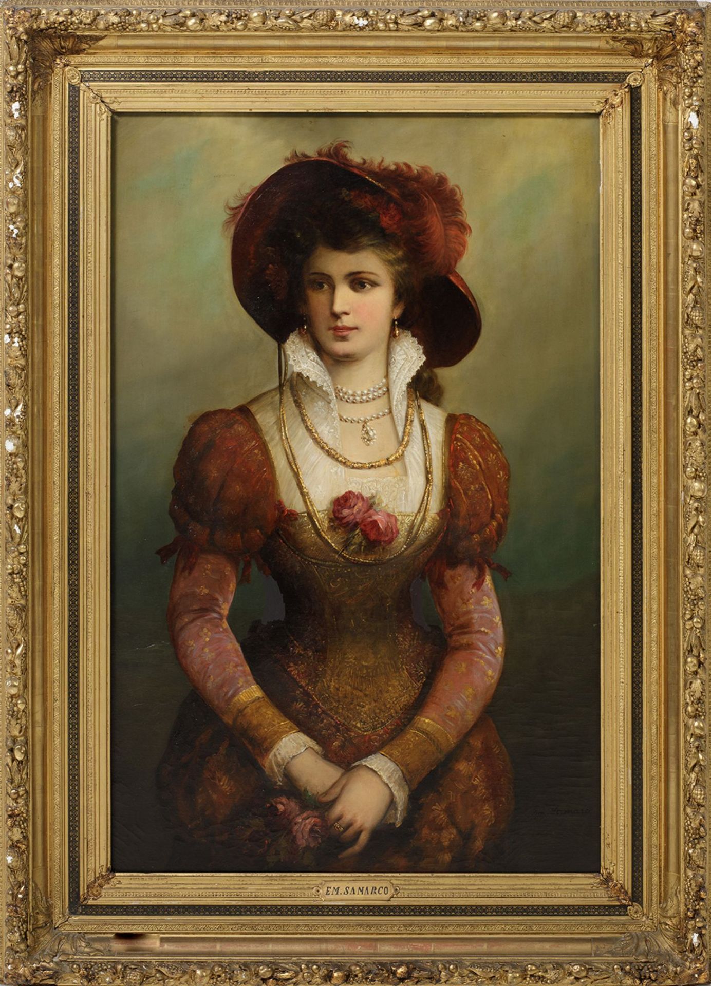 EM SAMARCO (Italy 2nd half of the 19th century) "Lady with hat and red dress" Hu&hellip;