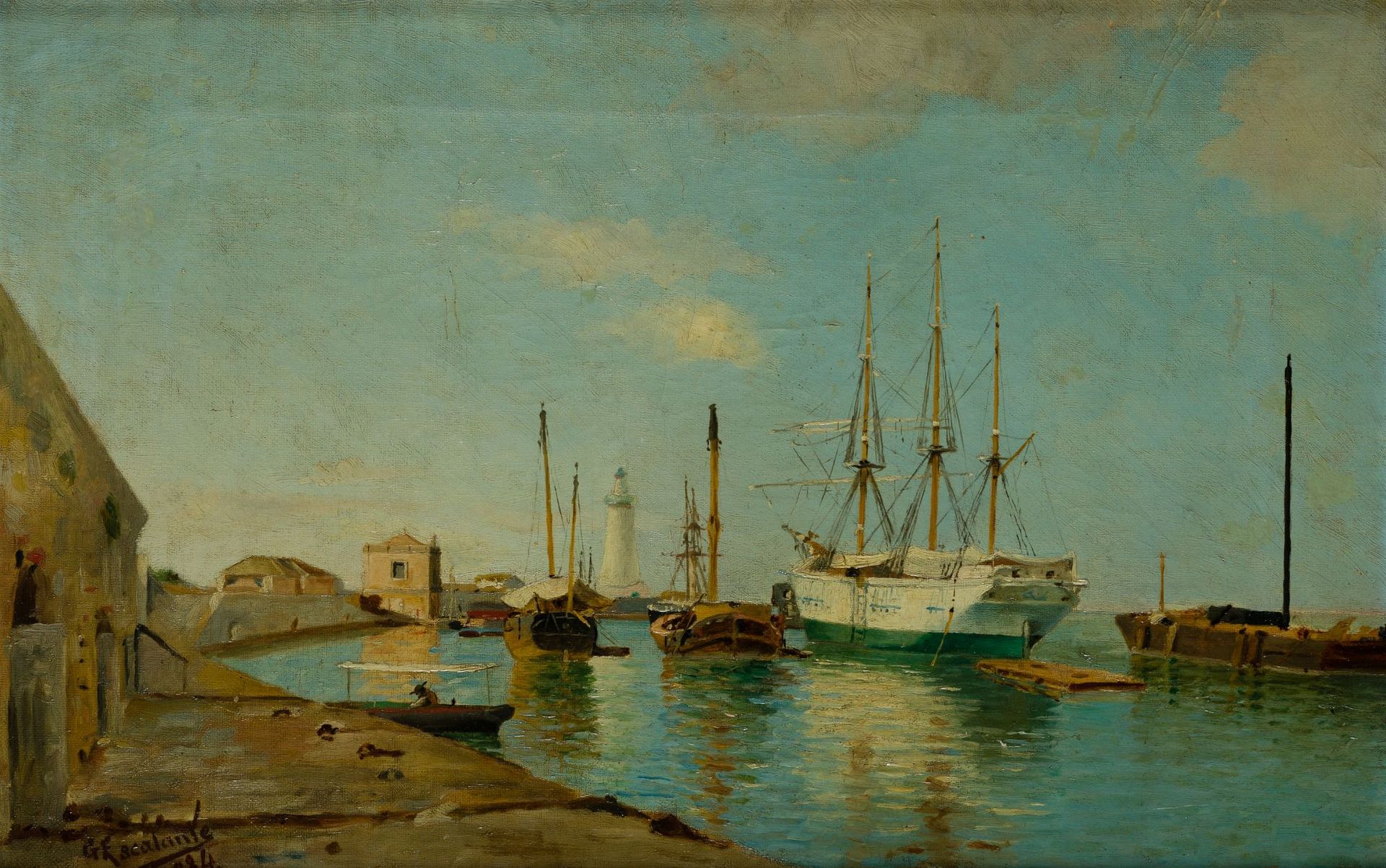 SPANISH SCHOOL (19th century) "Port" Huile sur toile Signée et datée G. Escalant&hellip;